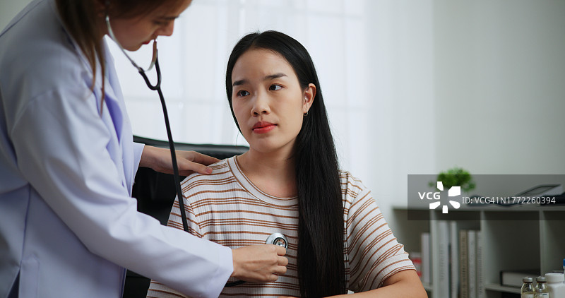 年轻漂亮的女医生用听诊器检查女病人的背部肺部图片素材