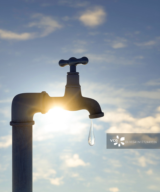 夏季滴水的室外水龙头，展示概念性禁水或短缺3D渲染图片素材