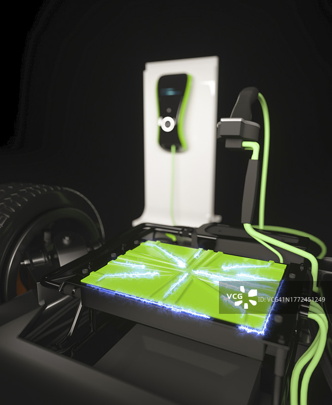 正在充电的现代电动汽车电池底盘3D渲染图片素材