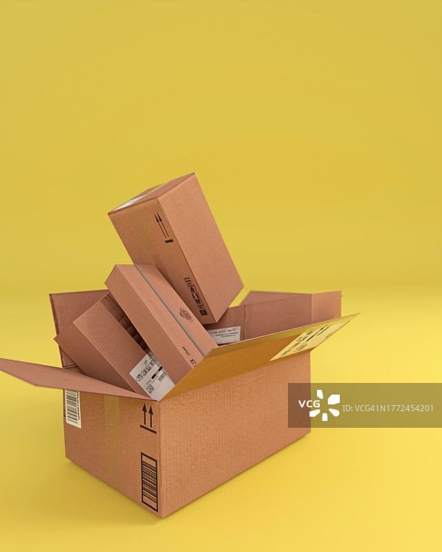 黄色背景上的包裹和大号敞口纸板箱3D渲染图片素材
