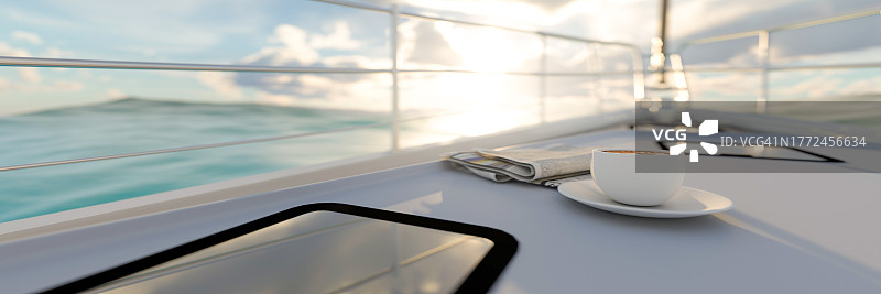 日出时分在大型游艇上享用的早餐咖啡3D渲染图片素材