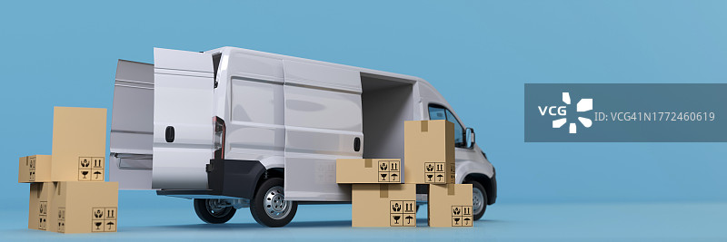 带箱子的现代白色货车3D渲染图片素材