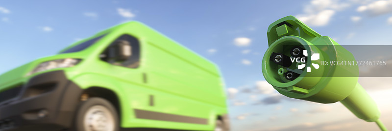 绿色充电器和电动概念商用货车3D渲染图片素材