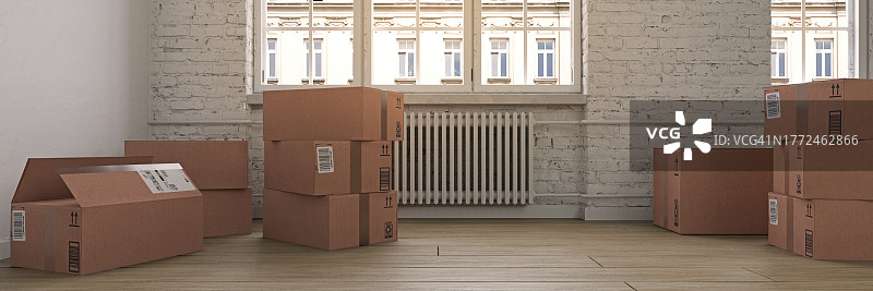 空房间里堆放的纸板箱图片素材