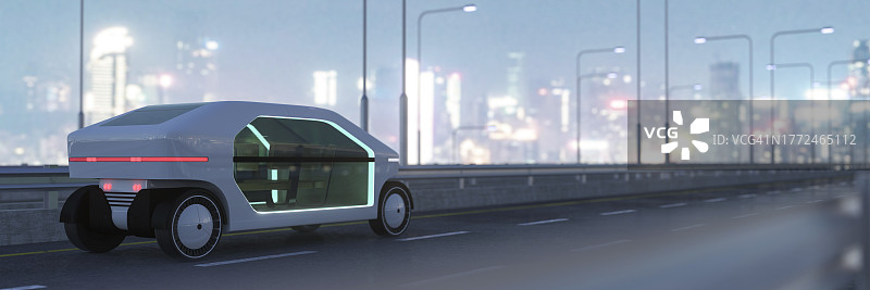未来城市夜晚高速公路上的无人驾驶自动出租车3D渲染图片素材