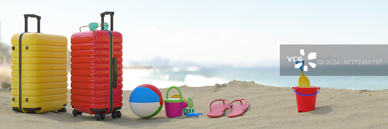 假日行李箱和沙滩玩具在明媚的夏日阳光下的海滩上，以及红色人字拖3D渲染图片素材