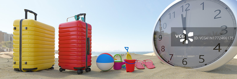 海滩上手提箱和沙滩玩具，大钟显示最后一分钟预订概念3D渲染图片素材