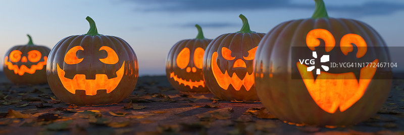 日落时分，散落着树叶的地面上雕刻的万圣节南瓜精选3D渲染图片素材