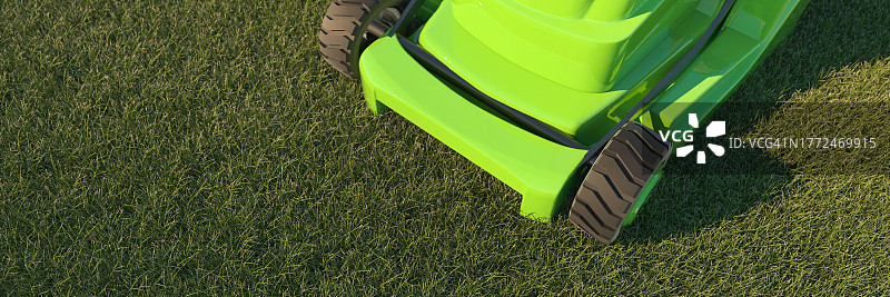 明媚夏日里的现代绿色电动草坪机3D渲染图片素材