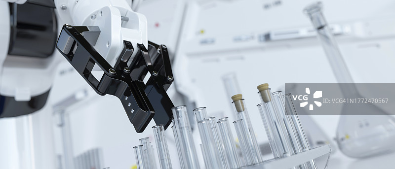 实验室环境下使用试管和瓶子的自动化机器人手臂3D渲染图片素材