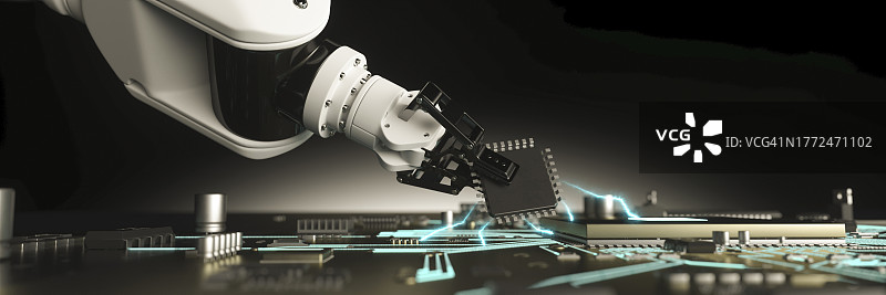 未来机器人手臂操作电子电路板和处理器概念3D渲染图片素材