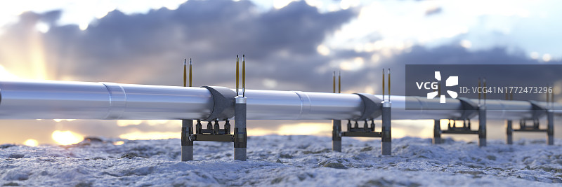 大型长距离天然气和石油管道穿过雪覆盖的田野在日出3d渲染图片素材