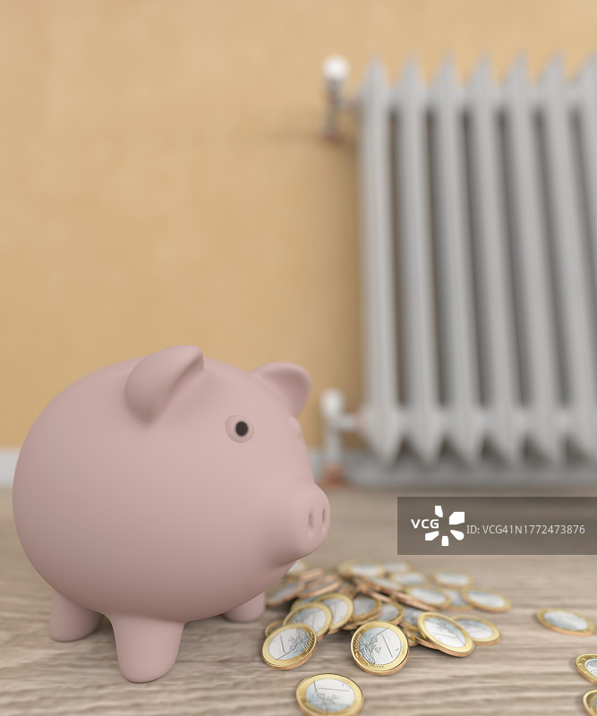 储蓄罐和散热器旁的硬币：家庭理财概念3D渲染图片素材