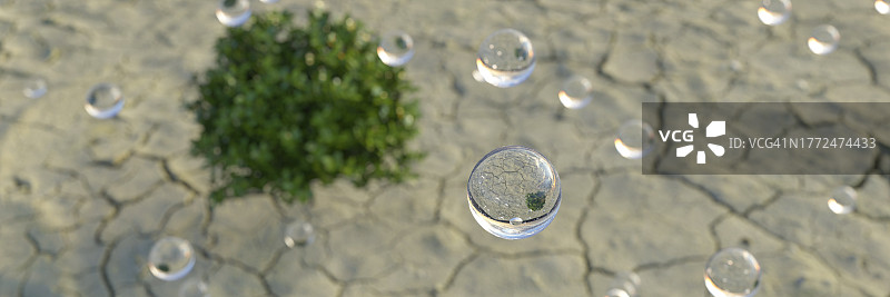 干旱后雨水滴落在龟裂的土地上3D渲染图片素材
