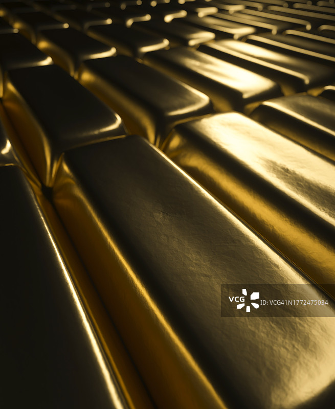 成排堆叠的金条概念3D渲染图片素材