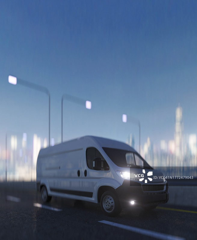 夜晚城市中行驶的白色厢式货车概念3D渲染图片素材