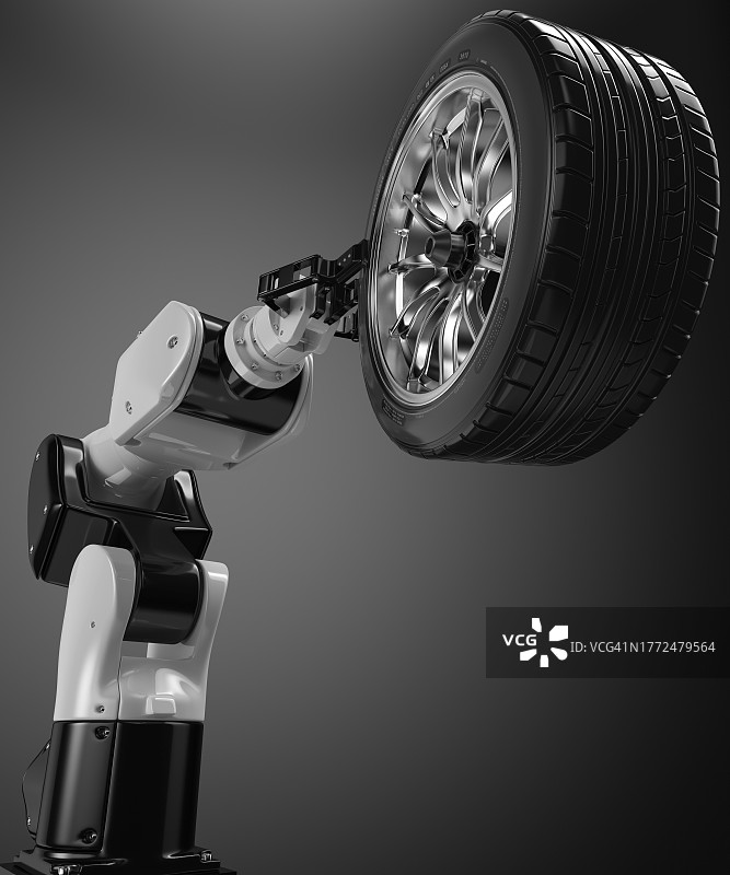 机器人制造机器人手持汽车车轮3D渲染图片素材