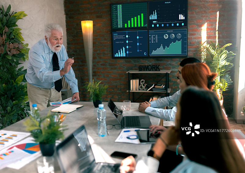 企业家站在显示器前解释营销策略图片素材