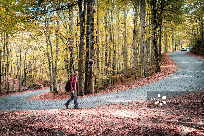 在博卢耶迪格勒国家公园的森林小路上行走，背着背包的男人图片素材