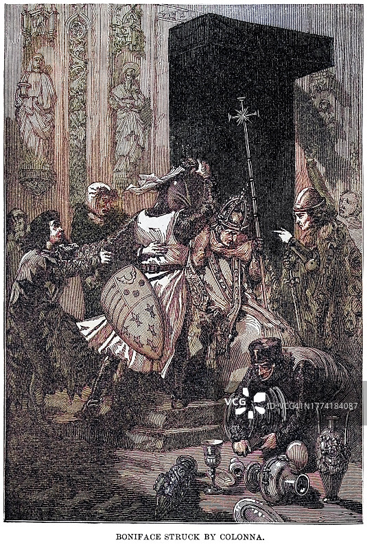 1303年西阿拉·科隆纳掌掴教皇博尼法斯八世古老版画图片素材