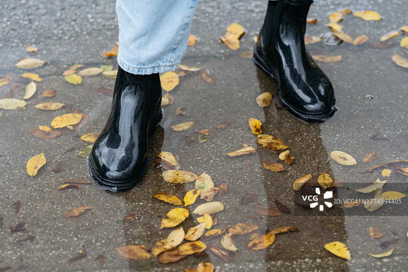 秋叶水洼中橡胶靴的特写图片素材