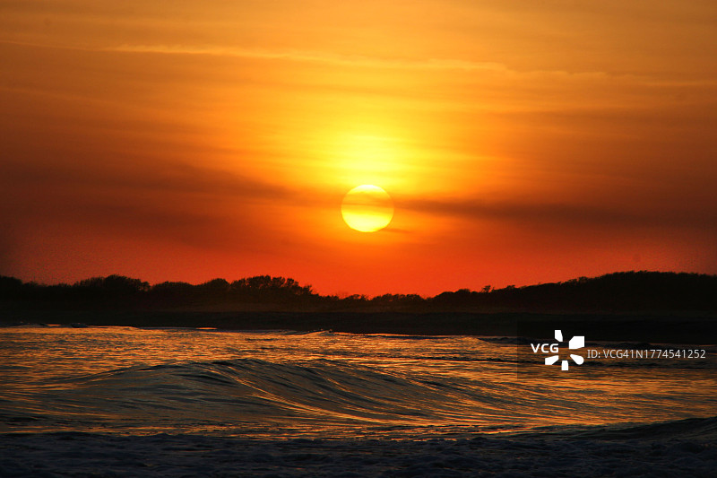 海浪之上的金色日落与树木地平线图片素材