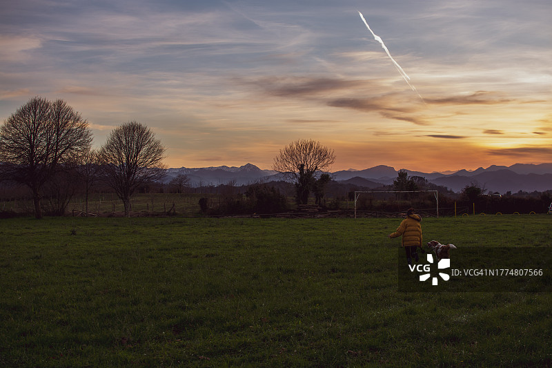 夕阳下和她的狗在一起的快乐女孩图片素材