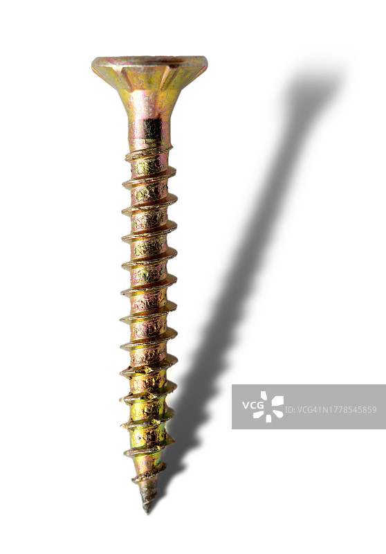 白色背景下带长阴影的金色螺丝图片素材