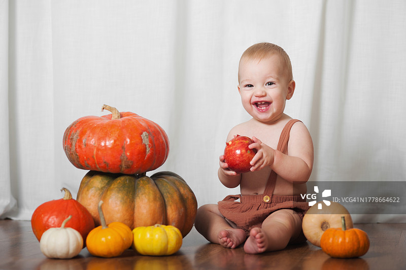 收获南瓜的11个月大的宝宝图片素材
