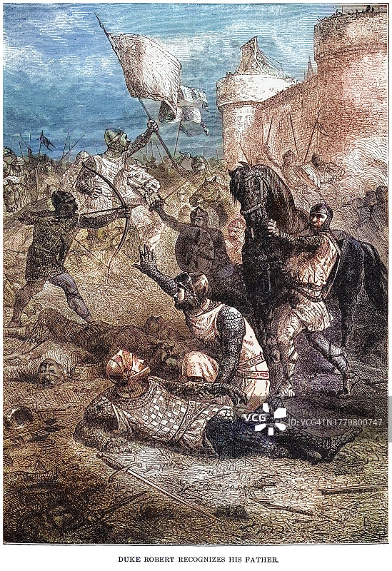 诺曼底公爵罗伯特承认他的父亲，国王威廉一世，诺曼底，1079年古版画插图图片素材