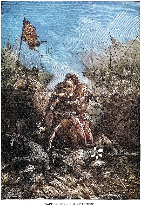 约翰二世国王（好人约翰）在普瓦捷战役中被俘的古代雕刻插图（1356年9月19日）图片素材