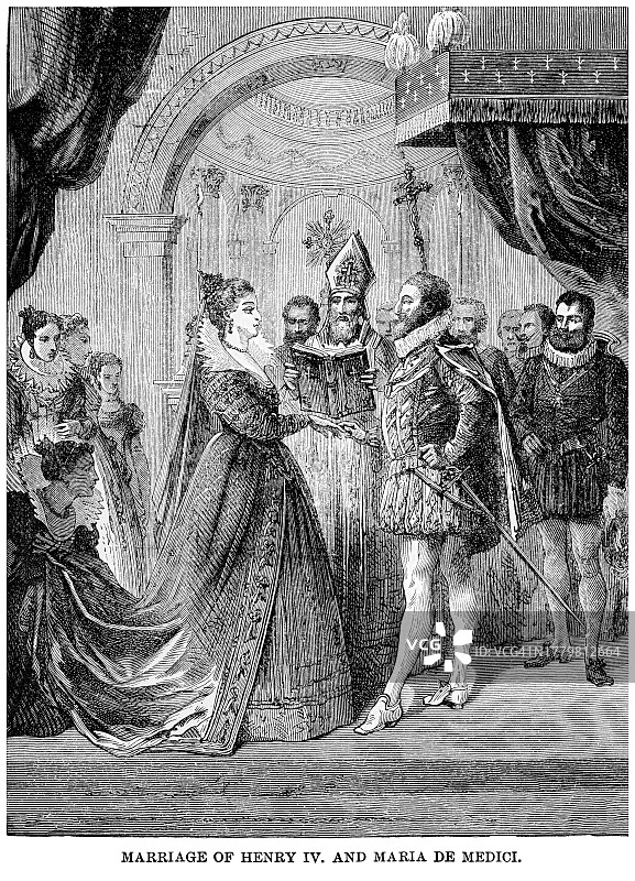 亨利四世与玛丽·德·美第奇结婚的古老雕刻插图图片素材