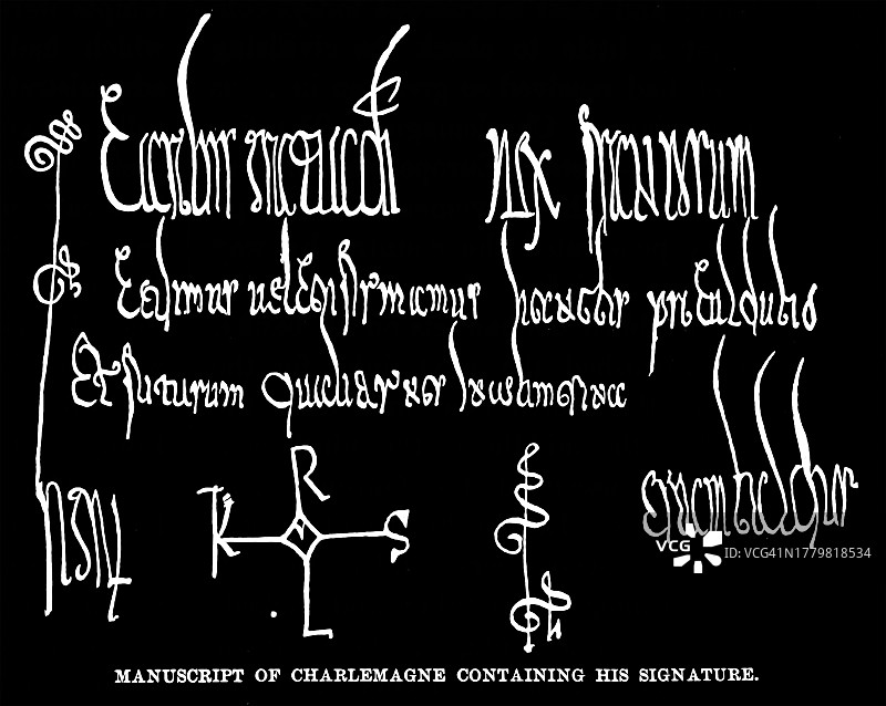 描绘查理曼（罗马帝国皇帝查理大帝）手稿（含签名）的古老版画插图图片素材