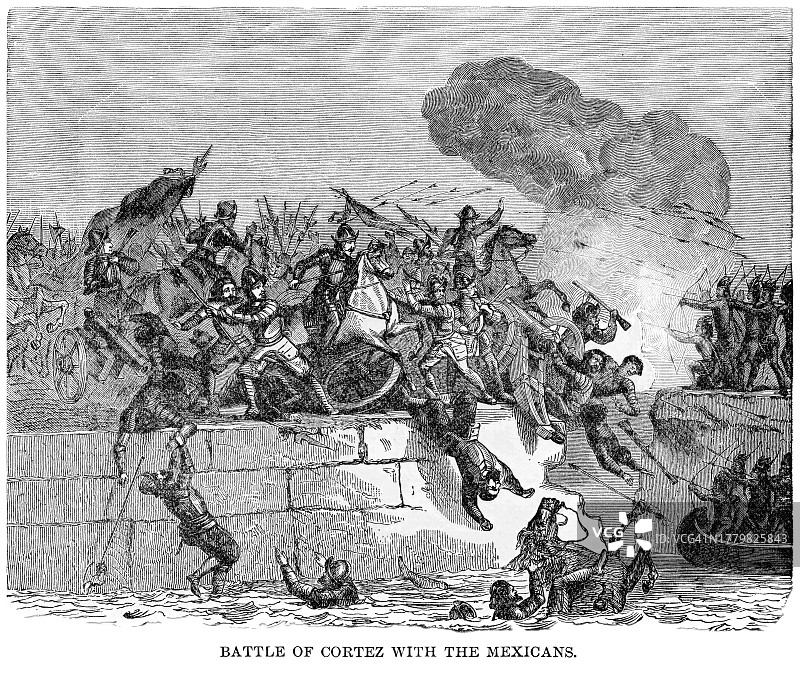 埃尔南多·科尔特斯与墨西哥人的战斗老式雕刻插图图片素材