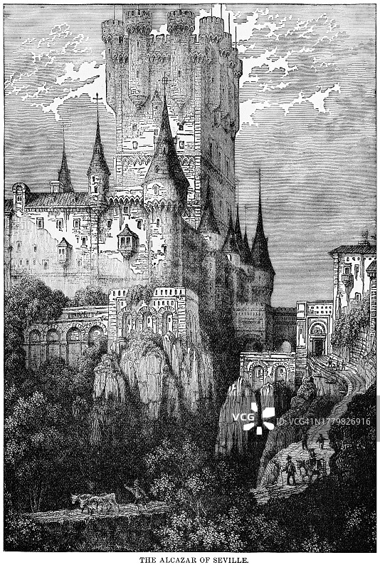 塞维利亚王宫的古老雕刻插图，为西班牙塞维利亚的基督教国王佩德罗建造图片素材