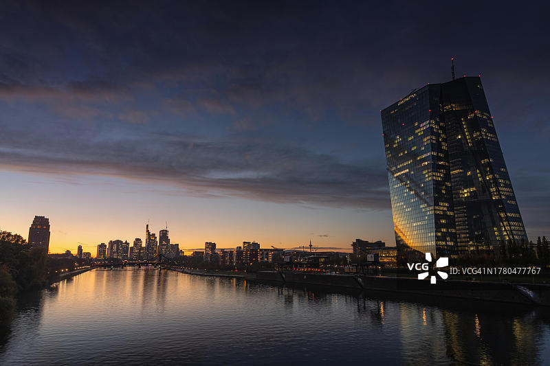 夕阳西下，云彩掠过欧洲中央银行和法兰克福的银行天际线，德国黑森州法兰克福图片素材