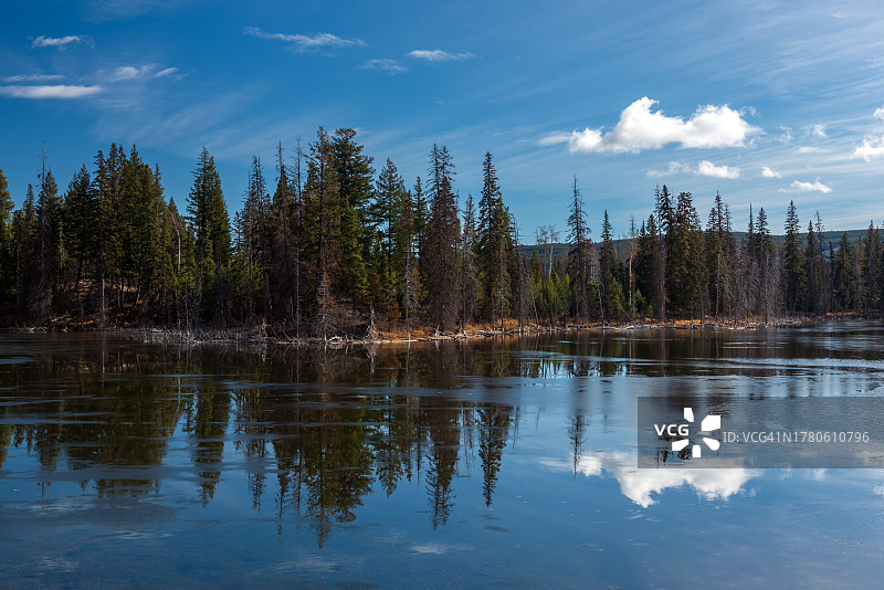 阳光下不列颠哥伦比亚省坎卢普斯附近的宁静湖泊图片素材