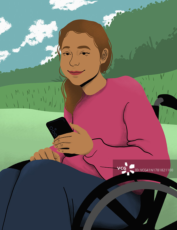 坐在轮椅上在公园使用智能手机的自信年轻女人肖像图片素材
