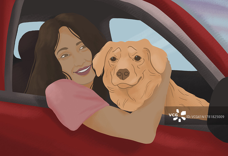 幸福女人与宠物狗在车窗前的肖像图片素材