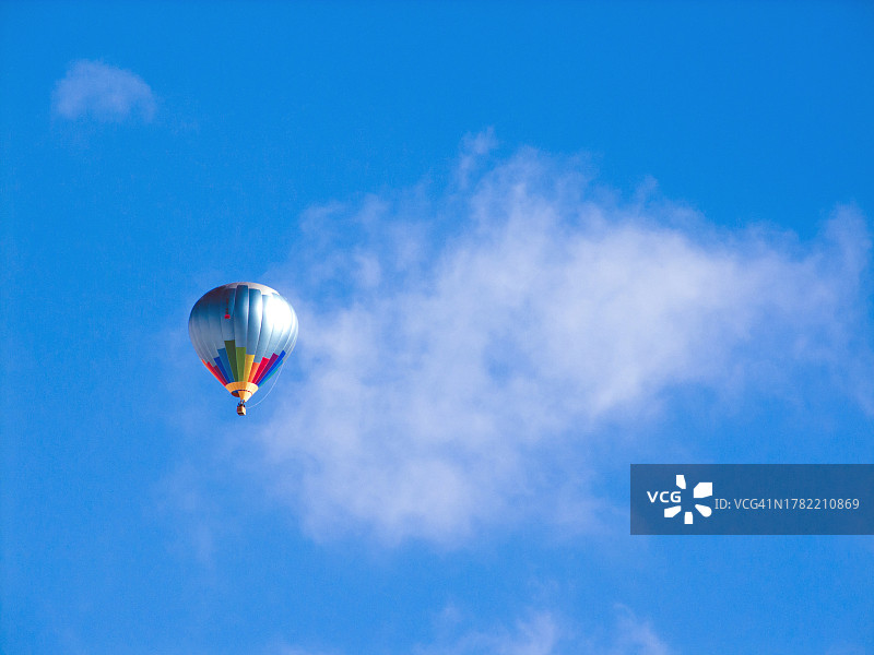 仰视视角：热气球飞过蓝天图片素材