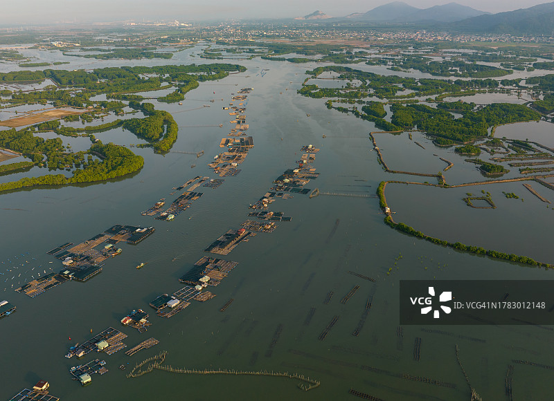 龙山水产养殖筏村牡蛎和海鲜养殖筏航拍照片图片素材