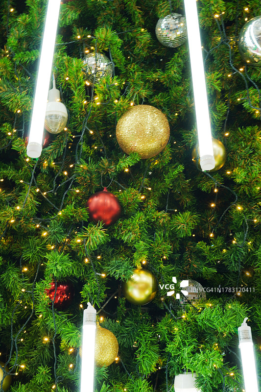 装饰圣诞绿树，金色红色球背景图片素材