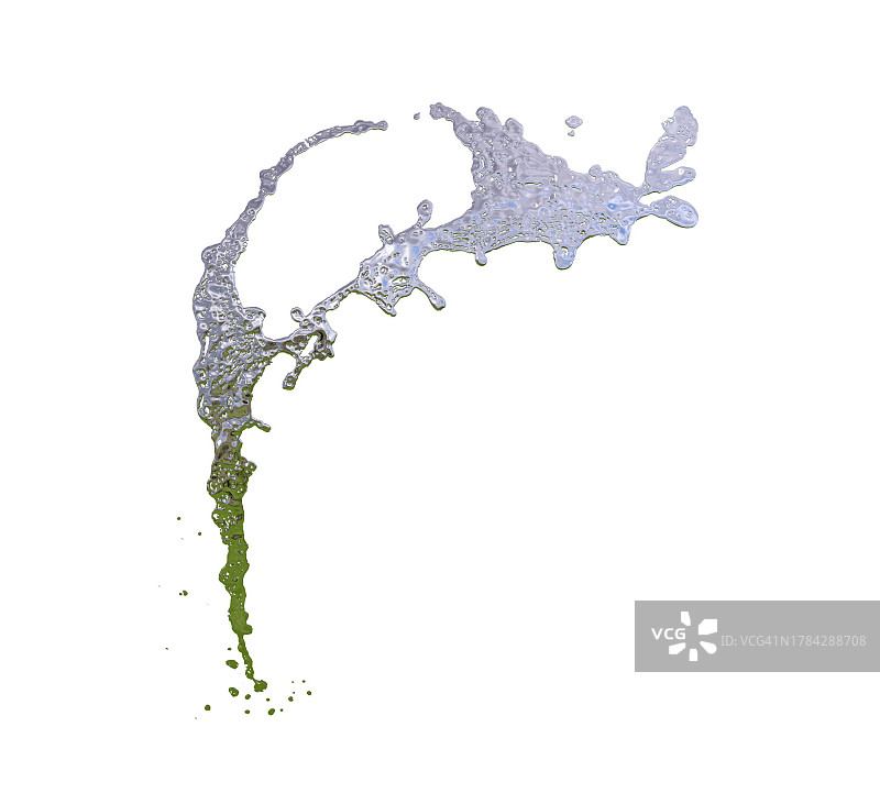 白色背景上空中的银色液体飞溅和滴落图片素材