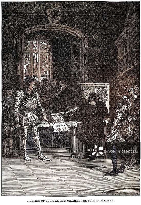 老式雕刻插图：1468年10月14日签署的佩罗讷条约，签署方为大胆的查理和路易十一图片素材