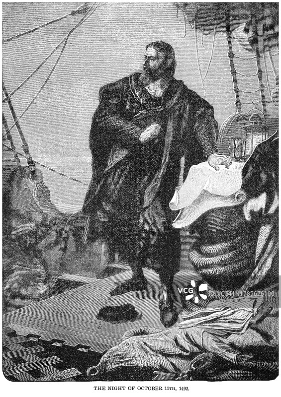 古老的雕刻插图：1492年意大利探险家克里斯托弗·哥伦布站在圣玛利亚号上图片素材