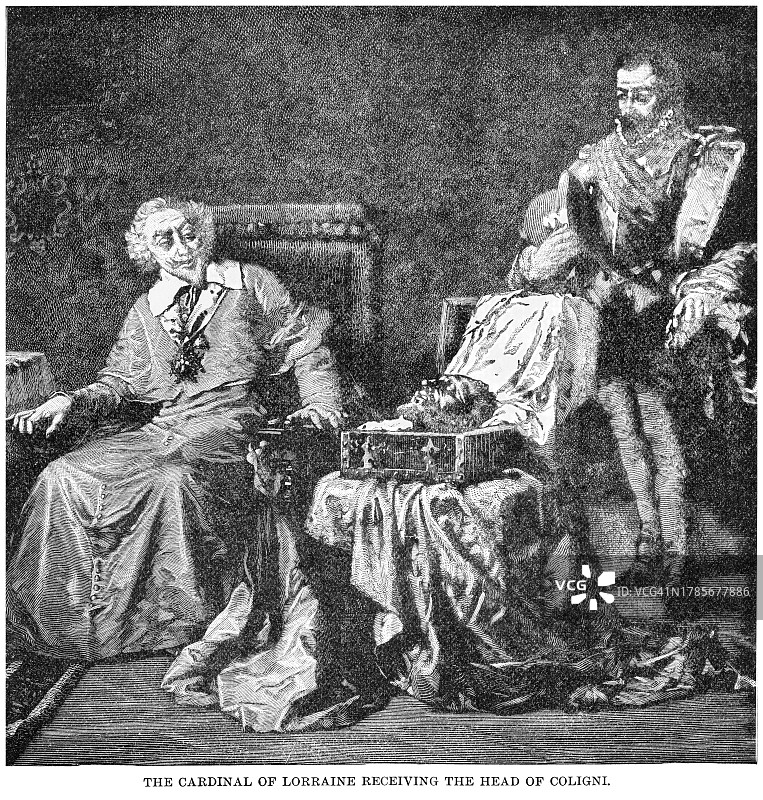 科利尼的头颅在罗马被献给洛林红衣主教的古老雕刻插图图片素材