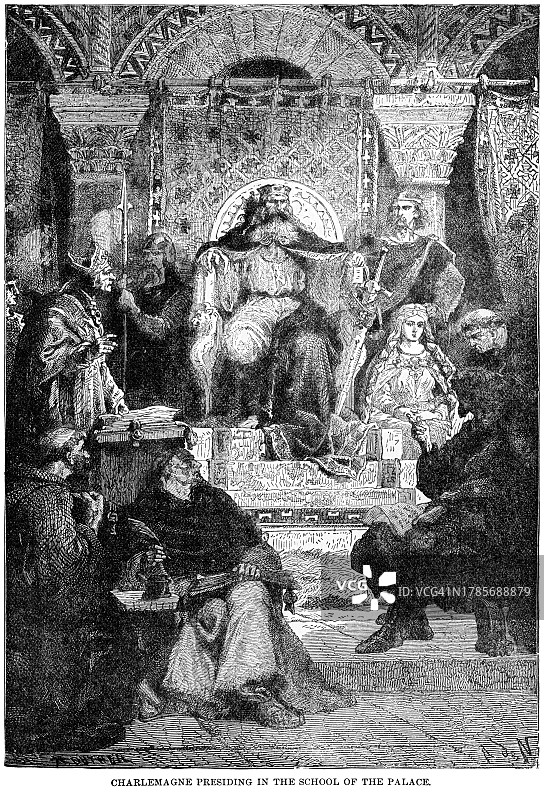 查理曼大帝主持亚琛宫廷学校古老雕刻插图图片素材