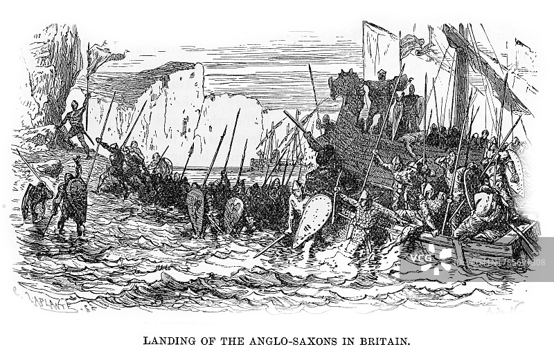 盎格鲁-撒克逊人在英国登陆复古雕刻插图图片素材