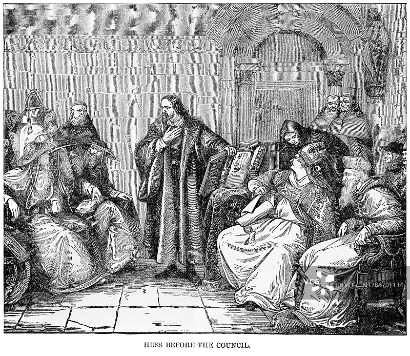 古董雕刻插图：康斯坦茨议会判处约翰·胡斯（伟大的波西米亚改革家）死刑图片素材