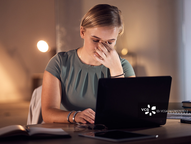 工作压力、头痛，深夜办公室电脑工作，项目报告截止。黑暗中工作，焦虑和倦怠，公司员工的笔记本电脑问题和疲劳感图片素材